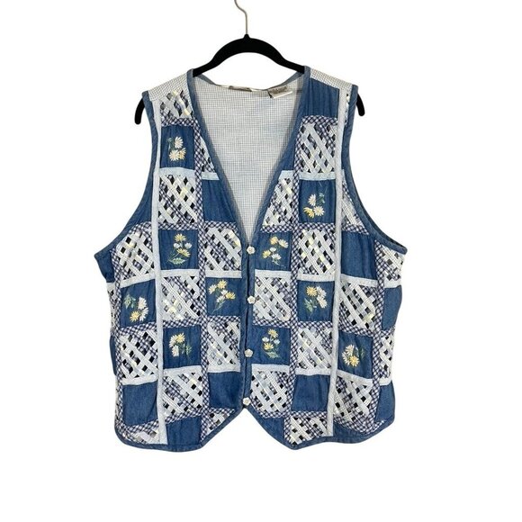 Victoria Jones Jackets & Blazers - Retro Patchwork Floral Vest Blue 20W Boho Western Classic Chic Hippie Indie Folk